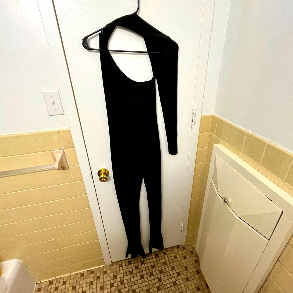 Black halter one sleeve jumpsuit size 4